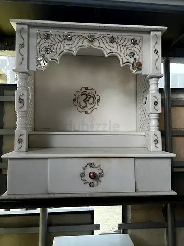 White Ornate Wooden Prayer Mandir / Temple Cabinet with Drawers