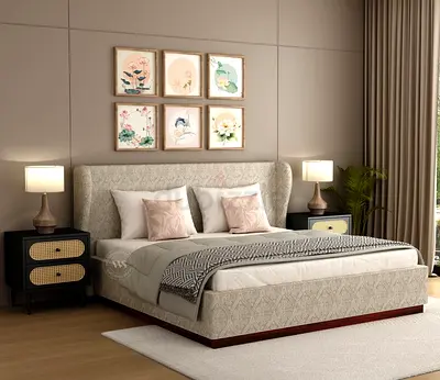 Queen Fabric Upholstered Bed with Padded Headboard - Light Beige