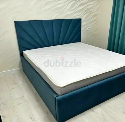 Modern Upholstered Double Bed with Headboard - Blue