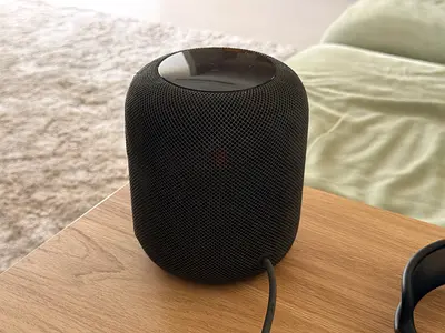Apple HomePod (1st Gen) — Space Gray, works perfectly, condition is 3 out of 5.