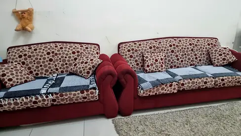 Used 3+2 Seater Fabric Sofa Set - Red with Polka Dot Cushions