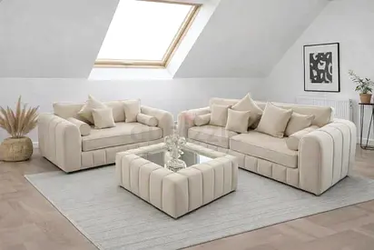 Modern Beige 3-Seater Sofa Set with Matching Ottoman and Cushions