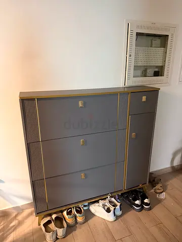 Grey 4-Door Shoe Cabinet  in Good Condition. On Amazon it’s cost 800 new one.