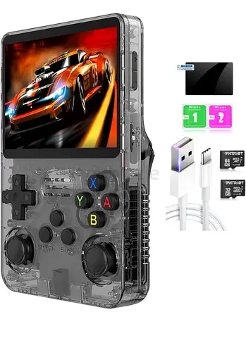 Transparent Retro Handheld Gaming Console with Dual Analog, 64GB + 32GB Cards  Accessories
