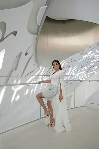 White asymmetric dress with draped train - size unknown