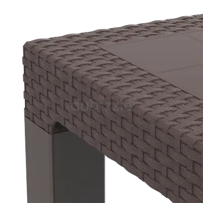 Brown Woven Rattan Outdoor Coffee Table with four chairs. - Good Condition.