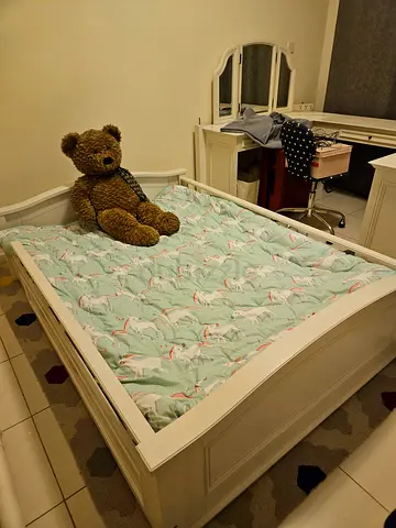 White wooden single bed with headboard and footboard  and matress - good condition