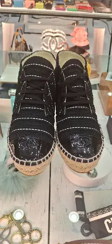 Black Quilted Espadrille Sneakers with Woven Sole - Size Unknown