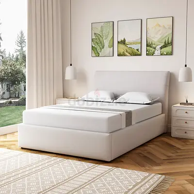 Modern Upholstered Double Bed with Headboard - Cream