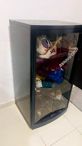 Compact Black Glass-Front Cabinet — Good for Shoes/Storage