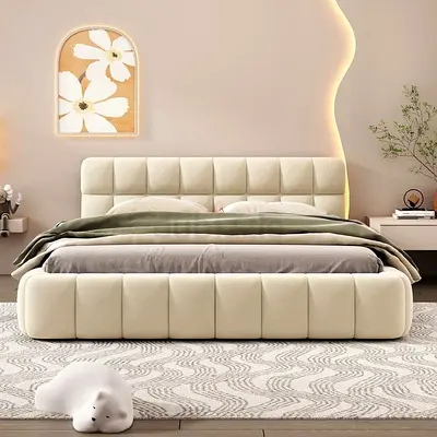Modern Upholstered King Size Bed with Padded Headboard - Cream