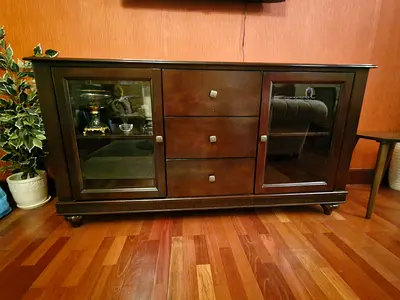 Dark Wood Sideboard / Buffet with Glass Doors and Drawers