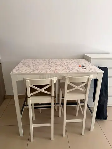 White High Dining Table with Two Matching Bar Stools - Compact Set