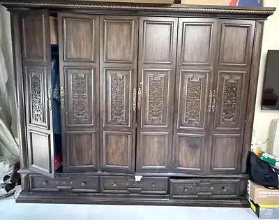 Large Ornate Wooden Wardrobe / Armoire - Dark Brown, 6 Doors