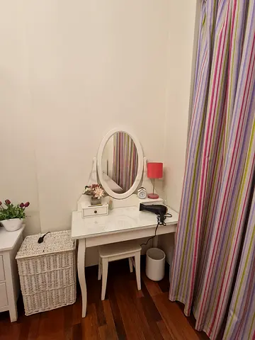 White Wooden Dressing Table with Oval Mirror and Stool