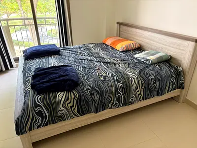 Queen size wooden bed frame with headboard - light grey finish and memory foam mattress