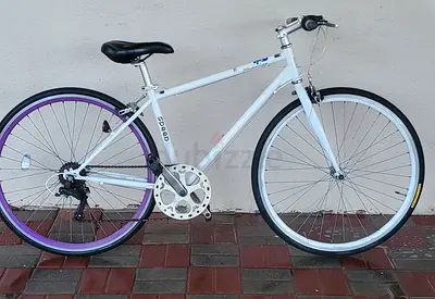 White single-speed city bike with purple rear rim — good condition
