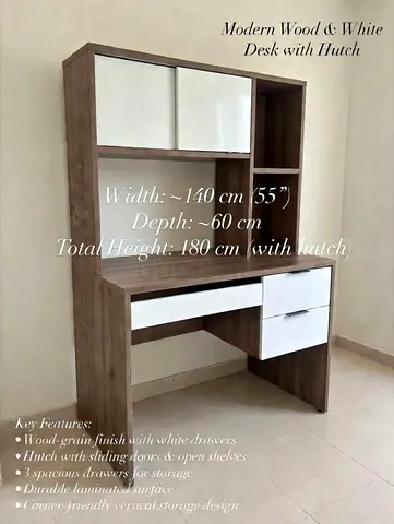 Modern Wood Grain Desk with Hutch and White Drawers - 140cm W