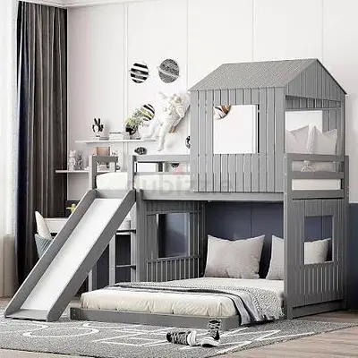 Wooden Bunk Bed with Slide — House-Style Kids Bed