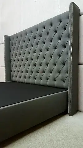 King Size Tufted Upholstered Bed Frame with Winged Headboard