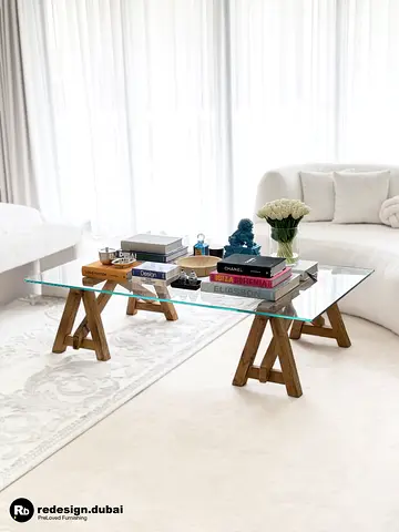 RUSTIC TRESTLE BASE GLASS TOP COFFEE TABLE or center table or display table in modern contemporary