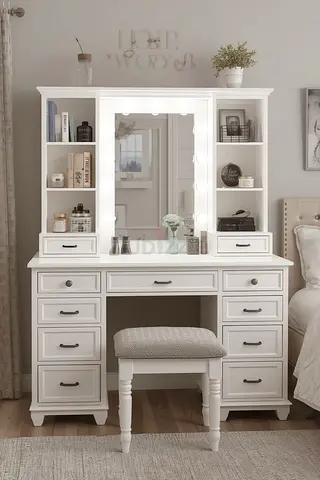 White Wooden Vanity Dressing Table with Lighted Mirror and Stool