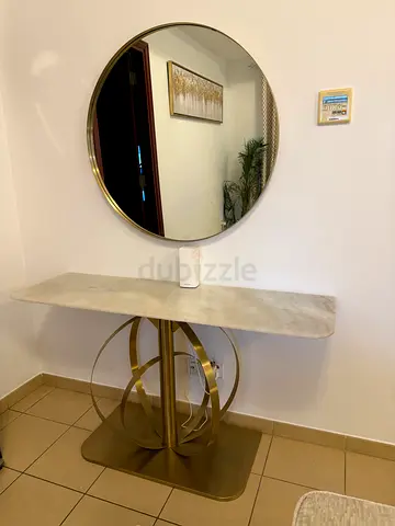 Marble Top Console Table with Gold Base and Round Wall Mirror - Like New