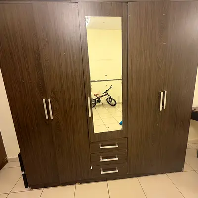 3‑Door Wardrobe with Mirror and Drawers - Dark Wood Finish