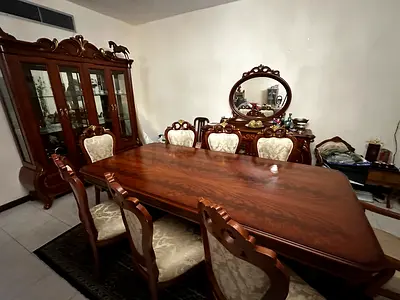 Solid Wood Formal Dining Table with 8 Chairs and Display Cabinet - Classic Design