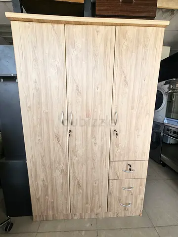 3-Door Wooden Wardrobe with Drawers - Light Oak Finish
