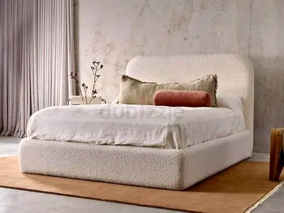 Cream Upholstered Bouclé queen size Bed with Rounded Headboard