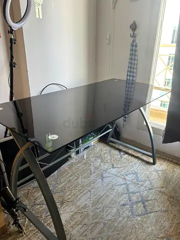 Black Glass Top Modern Writing/Study Desk with Metal Frame