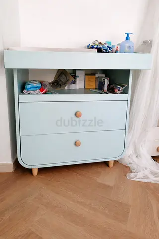 Wooden baby changing table with two drawers - Light green/blue + babycare mat