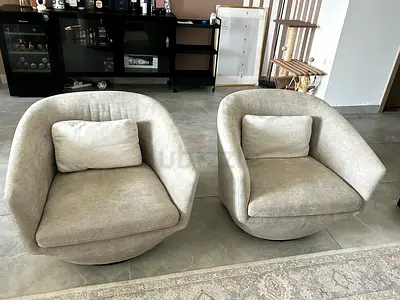 Pair of Modern Swivel Lounge Chairs - Light Grey Fabric