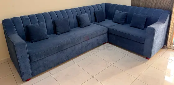 L-shaped Blue Velvet Corner Sofa - Brand New Condition