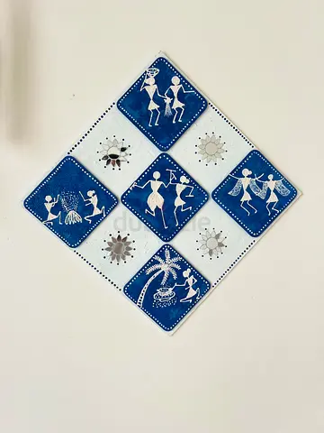Handmade Warli Style Ceramic Wall Plaque - Blue Diamond Set
