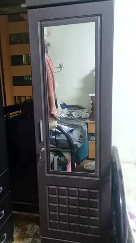 Dark brown wood and steel single-door wardrobe with mirror and lock — good condition