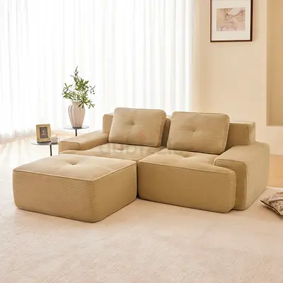 Light yellow corduroy L shaped sofa