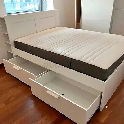 IKEA White BRIMNES Queen Storage Bed with IKEA Mattress 160 x 200 cm