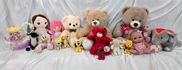 Lot of Plush Toys and Dolls — Bears, Baby Dolls, Elephant, and More (Good Condition)