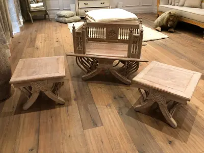 Solid Wood Carved Daybed / Accent Bench with Cushions  2 Matching Tables