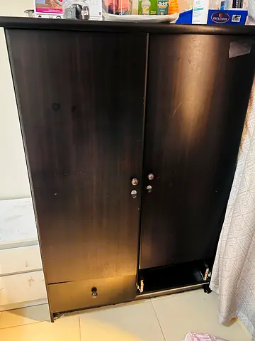 Small Dark wooden wardrobe / storage cabinet with double doors (used)