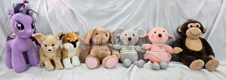 Set of 7 Plush Soft Toys — Unicorn, Foxes, Bunny, Mice, Piglet  Monkey (Good Condition)