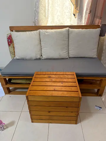Solid Wood 3-Seater Wide Sofa and wooden table with cushions and pillows