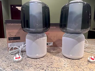 Pair of Symfonisk Table Lamps with Sonos Speakers. White-Grey