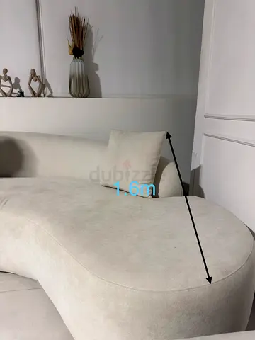 Curved Cream Fabric Sofa — 1.6m Chaise Section, Good Condition and table