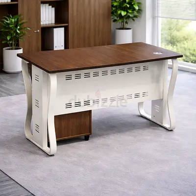 Modern Office Desk with Lockable Drawer – Walnut Top  White Frame Office Workstation Table