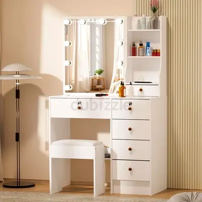 White Dressing Table with Mirror, Lights and Stool - 4 Drawers