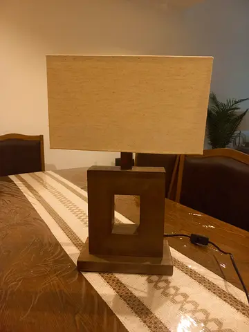 Wooden Geometric Table Lamp with Rectangular Linen Shade