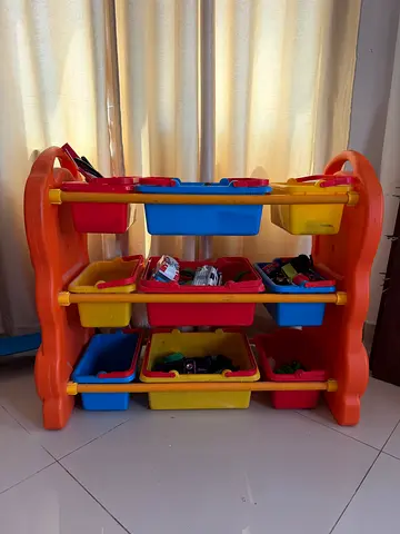 Kids Toy Organizer Shelf with 9 Plastic Bins - Orange/Yellow